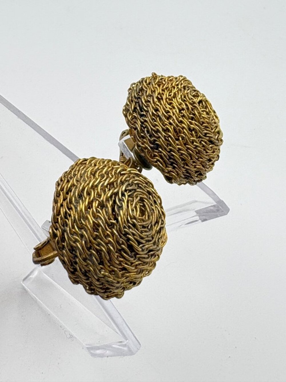 Vintage Miriam Haskell Woven Gold Tone Wire Mesh Dome Clip On Earrings
